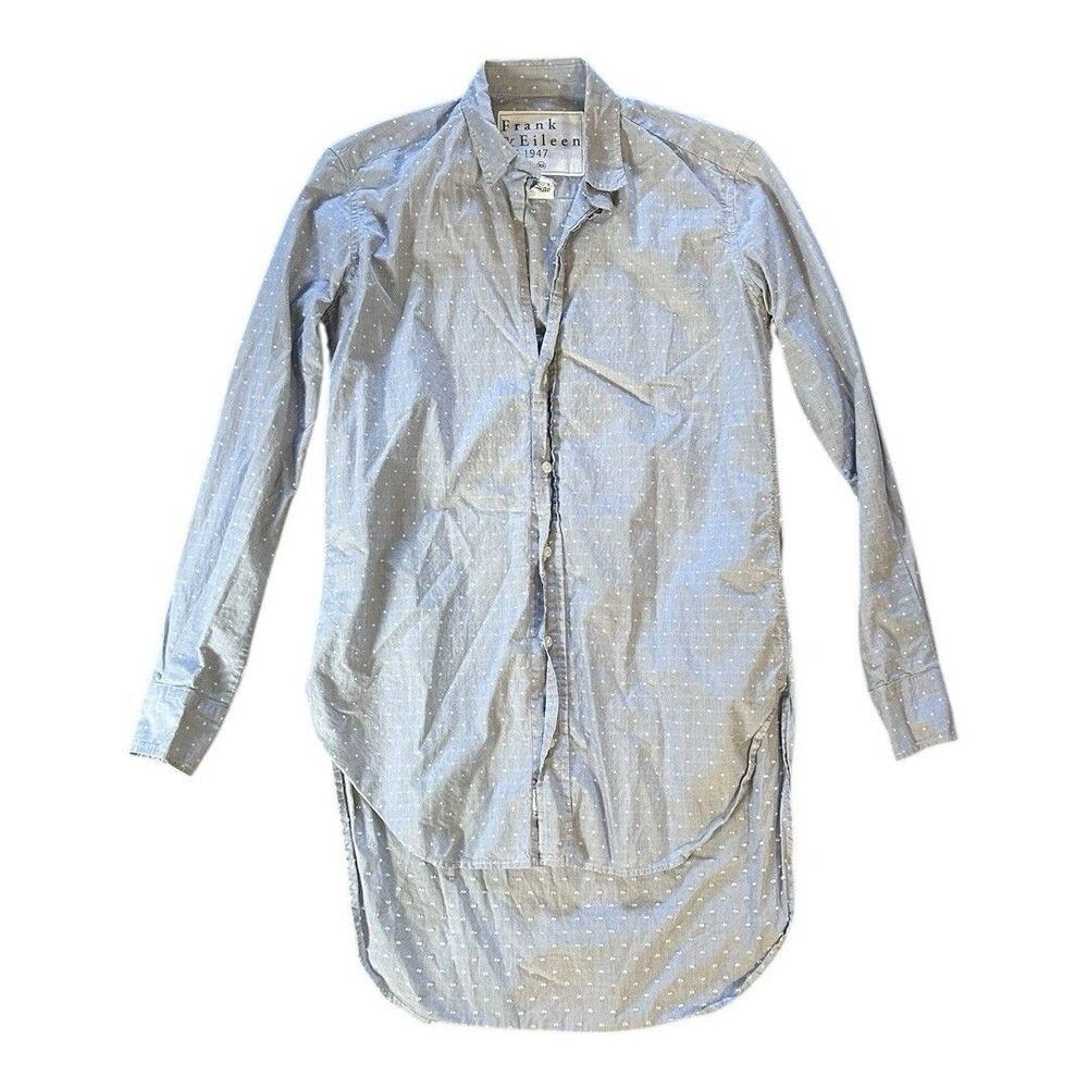 Frank & Eileen Eileen XS High Low Hem Button Shirt Blue White Embroidered Cotton
